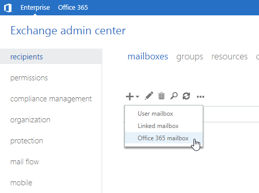 Click New and Select Microsoft 365 Mailbox