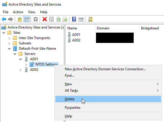 Delete NTDS Settings from DC
