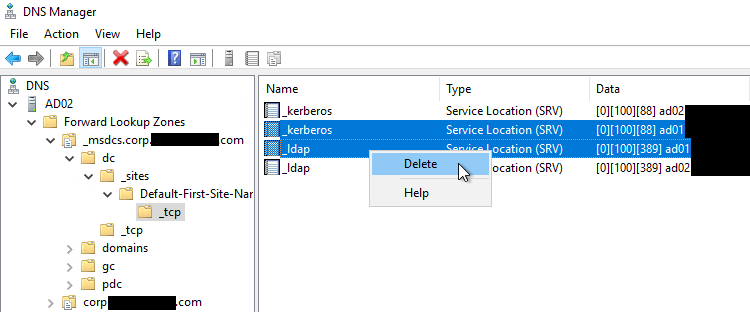 Delete _msdcs SRV Records Pointing to DC