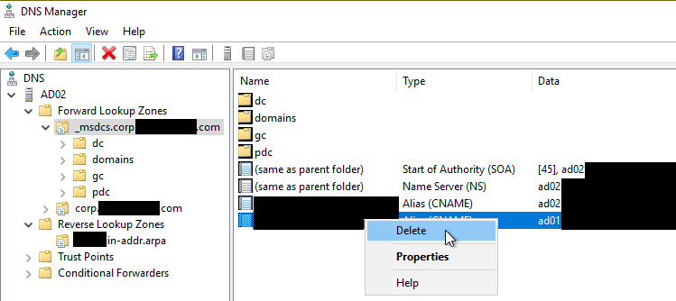 Delete _msdcs CNAME for DC