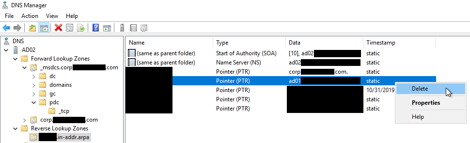 Delete PTR Record for DC