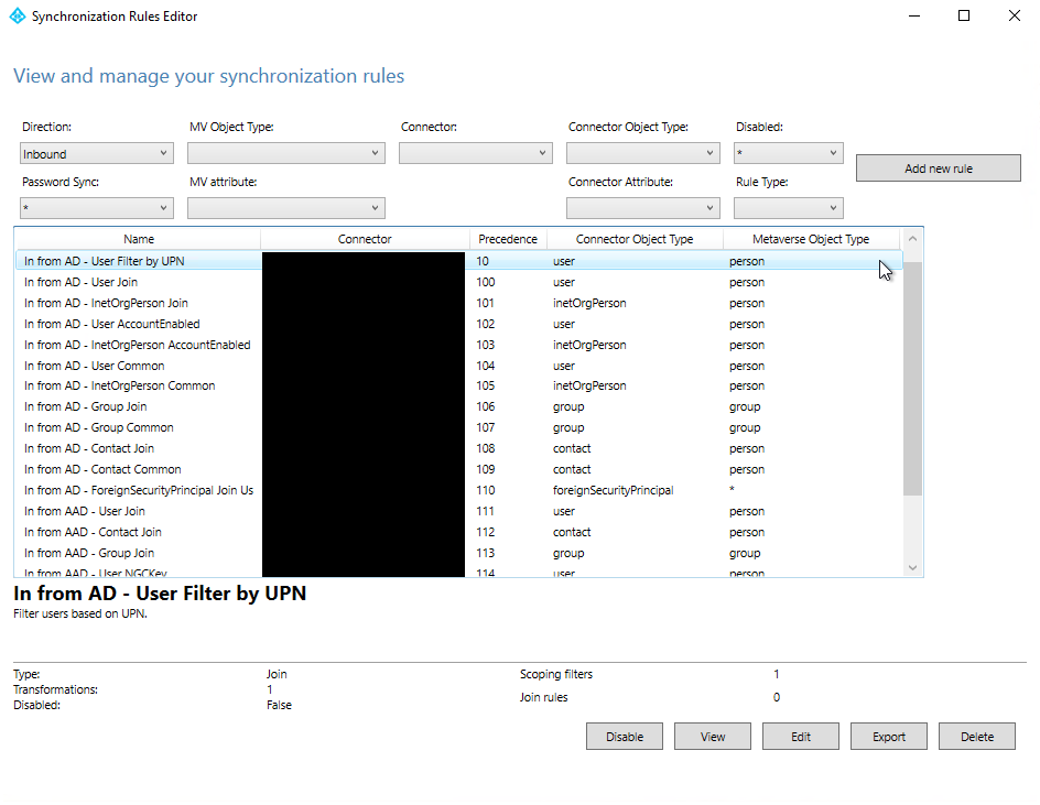 AD Connect Rule List